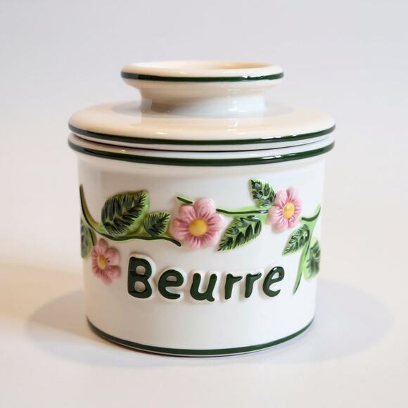 2000 Tremaine Ceramic Pink Green Floral Butter Beurre Bell Crock Canister EUC - Picture 1 of 11